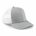 The Beechfield BC646 is a light gray trucker hat featuring a white mesh back panel. It has a curved brim and six panels, with two metal eyelets on the front sections to ensure ventilation.
