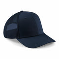 Introducing the Beechfield BC646, a navy blue baseball cap featuring a curved brim, mesh back panel, and adjustable snap closure.