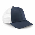 The BC646 cap from Beechfield features a navy blue front and a white mesh back.