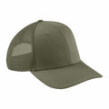 The BC646 by Beechfield is an olive green trucker hat featuring a solid front panel, a mesh back, a curved brim, and a button top.