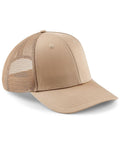Experience style and comfort with the Beechfield BC646 trucker cap, featuring a solid beige front panel and breathable mesh back panels. This cap is designed with a curved brim and ventilation eyelets on top for enhanced airflow.