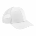 The Beechfield BC646 is a white baseball cap featuring a mesh back for ventilation and a curved brim. It boasts solid fabric on the front panels and brim, while the back panels are crafted from mesh. This cap follows a classic six-panel design with a top button finish.