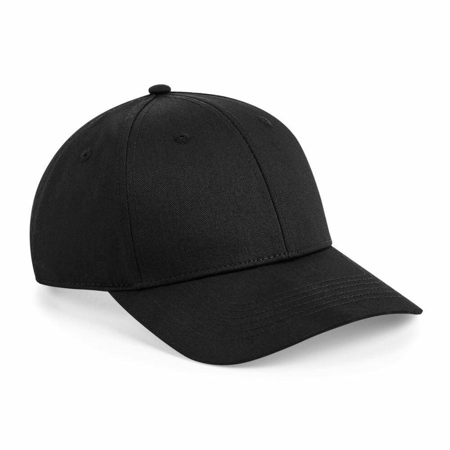 Beechfield BC648 black baseball cap features a curved brim and an adjustable back, displayed on a white background.