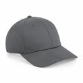 Beechfield BC648 cap in gray, featuring a curved brim, six-panel design, and a top button, shown from the side view.