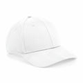 A plain white Beechfield BC648 baseball cap with a curved brim, viewed from a slightly elevated angle. The cap is unadorned and showcases traditional panel stitching and ventilation eyelets.