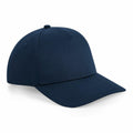 Introducing the Beechfield BC649: a stylish baseball cap in plain navy blue, featuring a curved brim, six panels, and a button on top. The cap is displayed against a white background.