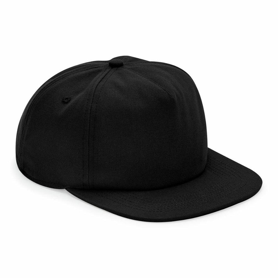 A BC64N snapback cap from Beechfield, featuring a plain black design and a flat brim, viewed from the side.