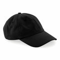 The BC653 by Beechfield is a plain black baseball cap featuring a curved brim and an adjustable back strap.