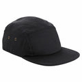 The BC654 by Beechfield is a plain black five-panel cap featuring a flat brim and two metal eyelets on each side.
