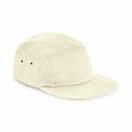 The Beechfield BC654 is a beige five-panel cap with a flat brim, featuring two ventilation eyelets on each side.