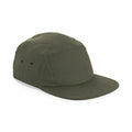 Introducing the Beechfield BC654: a sleek, olive green five-panel cap featuring a flat brim. This cap is designed with two ventilation eyelets on each side and maintains a clean look with no visible logos or designs. Displayed at an angle, it showcases both the front and one side of the cap.