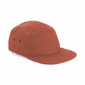 The Beechfield BC654 is a rust-colored five-panel cap featuring a flat brim and two ventilation eyelets on the side, showcased against a white background.