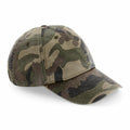 A Beechfield BC655 baseball cap with a camouflage pattern displayed on a white background.