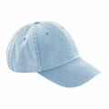 Introducing the Beechfield BC655, a stylish light blue denim baseball cap featuring six panels and a curved brim. This cap is designed for comfort with a button on top and sewn eyelets to ensure effective ventilation.