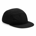 Beechfield BC659 black five-panel cap with a flat brim, displayed in a side view.