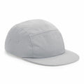 The Beechfield BC659 is a light gray five-panel cap with a flat brim, showcasing stitched details and ventilation holes on the sides.