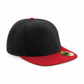 Beechfield BC660 cap in black with a red brim and top button, featuring a gold sticker on the brim.