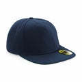 A textured dark blue Beechfield BC660 baseball cap featuring a flat brim and a round sticker that displays the cap size and brand.