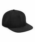 A black, flat-brim BC661 by Beechfield is shown in a three-quarter view. The hat is plain with no visible logos, designs, or embellishments. It features a classic six-panel construction with a small button on top, and the brim appears slightly textured.