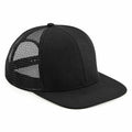 The BC664 by Beechfield is a black trucker cap featuring a flat brim and mesh back panels.