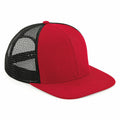 The BC664 by Beechfield is a trucker hat featuring a red and black design with a mesh back and solid front panel.