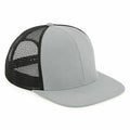 A Beechfield BC664 gray and black mesh trucker hat with a curved brim.