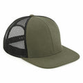 The BC664 by Beechfield is a mesh trucker cap featuring solid dark green front panels and brim with black mesh back panels, all showcased against a white backdrop. The cap maintains a classic structured shape.