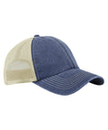 Caps: Blue denim baseball cap with a curved peak, beige mesh back panels, visible white stitching, and an adjustable fastening. Shown on a white background.