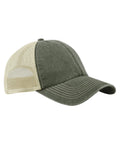 The Caps is a green and beige baseball cap featuring a curved peak, green front panels, beige mesh back panels, white stitching, and an adjustable strap.