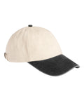 Caps featuring a cream crown and black curved brim, with a fabric strap and metal clasp at the back for easy size adjustment.
