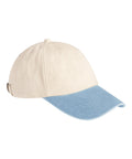 The Caps baseball cap features an off-white crown, light blue curved brim, stitched panels, ventilation eyelets, and an adjustable back strap with a metal clasp.