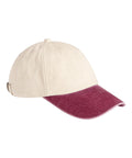 A beige Caps baseball cap featuring a curved maroon visor and an adjustable back strap, displayed on a plain white background.