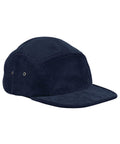 Caps: Navy blue corduroy five-panel cap with flat peak and two metal side eyelets for ventilation, displayed on a white background.