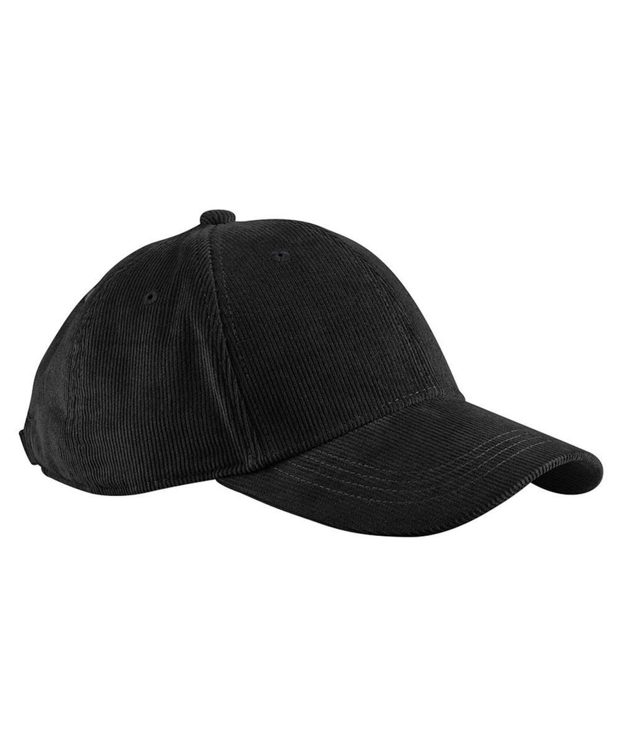 The Caps product is a black corduroy baseball cap with a curved peak, visible stitching, and a top button, displayed against a white background.
