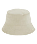 A beige corduroy hat with a flat crown and downward-sloping brim is shown on a plain white background.