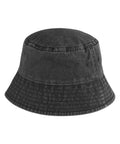 The Hats product is a plain black denim bucket hat featuring visible stitching and two small side eyelets, displayed on a white background.