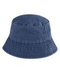 A blue denim bucket hat from Hats, featuring visible stitching and two metal eyelets on the side, displayed against a white background.