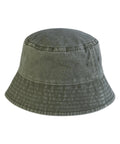 The Hats product is a plain olive green fabric bucket hat with a wide downward-sloping brim and two side ventilation holes.