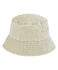 The Hats product is a light beige denim bucket hat featuring visible stitching, two small metal eyelets on each side, and a downward sloping brim, shown against a plain white background.