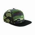 The Beechfield BC691 is a baseball cap featuring a green and brown camouflage pattern with a black brim.