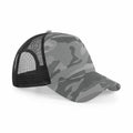 The Beechfield BC694 is a trucker hat featuring a gray and green camouflage design and a black mesh back.