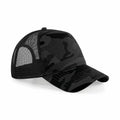 A Beechfield BC694 trucker hat featuring a black and gray camo pattern with a mesh back panel.