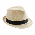 A Beechfield BC720 straw fedora featuring a black band around the base.