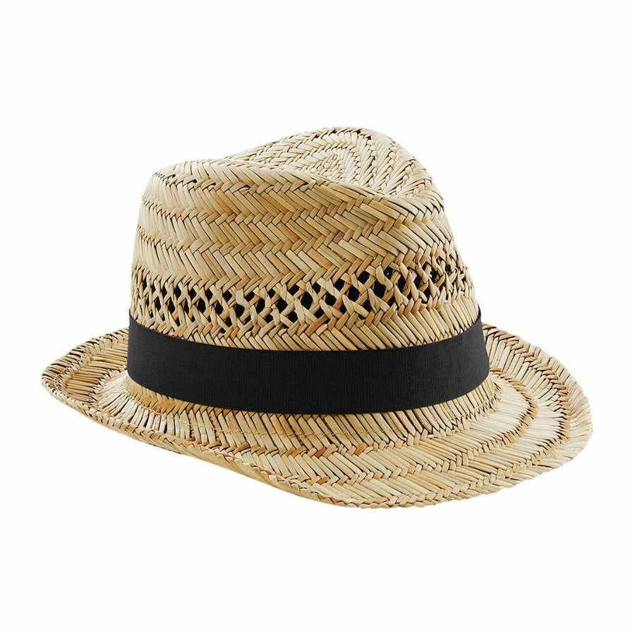 The Beechfield BC730 is a straw fedora hat adorned with a woven pattern, featuring a black band and a slightly upturned brim.