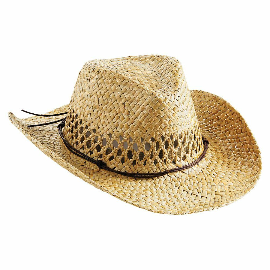Introducing the Beechfield BC735, a woven straw cowboy hat with a brown leather band and a distinctive vented crown design.
