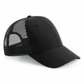 The Beechfield BC75R is a black mesh trucker hat featuring a solid front panel and a curved brim, showcased against a white background.