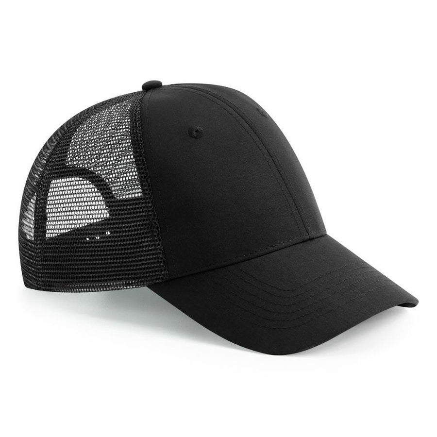 The Beechfield BC75R is a black mesh trucker hat featuring a solid front panel and a curved brim, showcased against a white background.