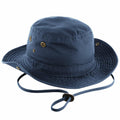 The Beechfield BC789 is a blue boonie hat featuring ventilation holes and an adjustable chin strap.