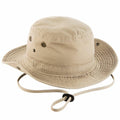 Beechfield BC789 khaki bucket hat featuring a wide brim, ventilation holes, and an adjustable chin strap.