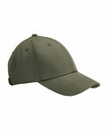 An olive green Beechfield BC801 baseball cap with a curved brim and structured panels. The hat features stitching details and small ventilation holes on each panel, providing a classic and functional design. The back appears to have an adjustable strap for sizing.